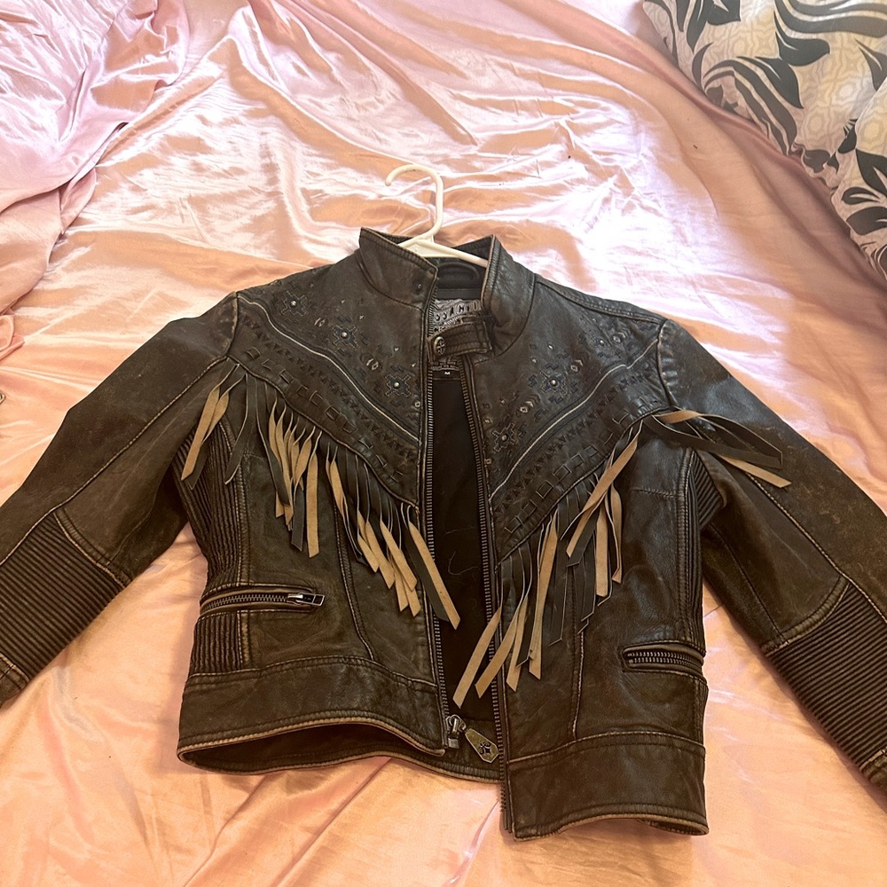 Affliction Brown Leather Jacket with Fringe